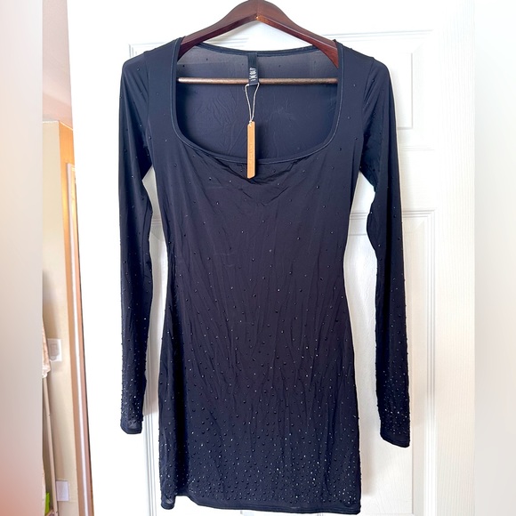NWT SKIMS Jelly Sheer Rhinestone Mini Dress Onyx Size L - Picture 1 of 5